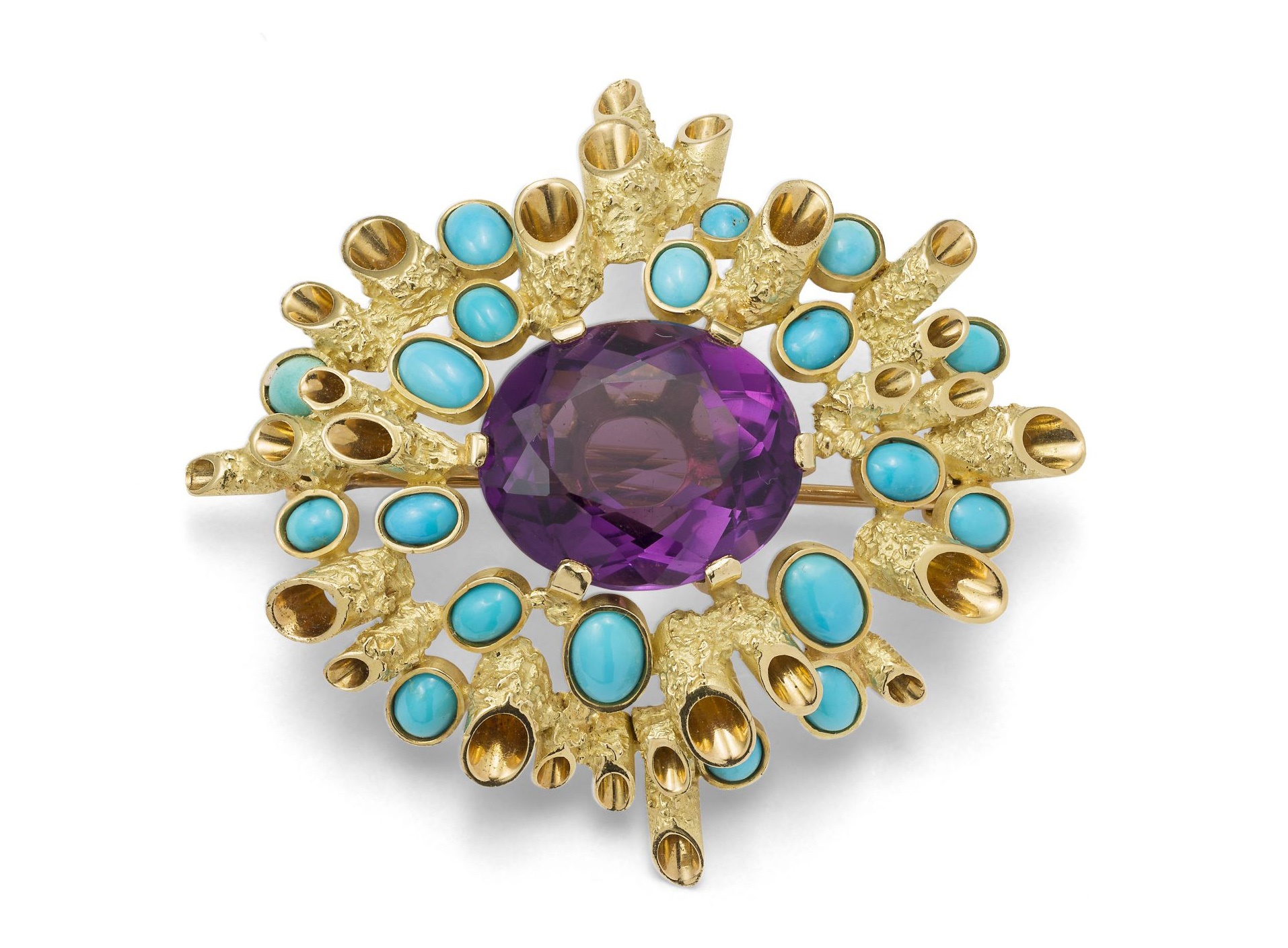 Lot 68 | An amethyst and turquoise brooch, by John Donald, 1965 | The central oval-cut amethyst, within an abstract border of radiating textured round 18ct gold tubes, accented with collet-set cabochon turquoise, UK hallmark, maker's mark JAD, maker's case | Length: 5.0cm | £1,500 - £2,000 + fees